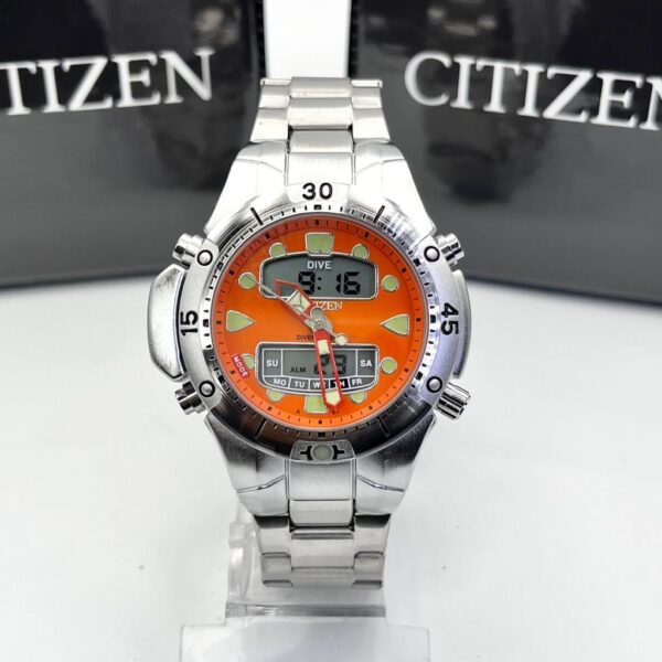 Relógio Citizen Aqualand Pulseira de aço Prata fundo Laranja c/ Caixa Premium (100% Funcional) a prova dagua